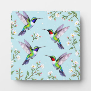 Placa Expositora Colibríes Vibrantes y Flor de Cerezo Blanca