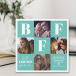 Placa Expositora Collage de fotos Besties Verde azulado BFF<br><div class="desc">Placa de collage de fotos de amistad moderna que incluye 4 fotos de ti y de tu bestie,  un fondo verde azulado y blanco que se puede cambiar a cualquier color,  las letras "BFF",  las palabras "mejores amigos para siempre",  una cita de amigos verdaderos,  y tus nombres.</div>