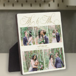 Placa Expositora Collage de fotos boda personalizado Sr. y Sra.<br><div class="desc">Elegante guión clásico falso oro romántico caligrafía Mr. y Mrs. 5 collage de fotos,  nombre y fecha boda placa personalizada de marfil crema.</div>