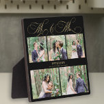 Placa Expositora Collage de fotos boda personalizado Sr. y Sra.<br><div class="desc">Elegante clásico de imitación de oro romántico guión de caligrafía Mr. y Mrs. 5 collage de fotos,  nombre y fecha boda placa negra personalizada.</div>