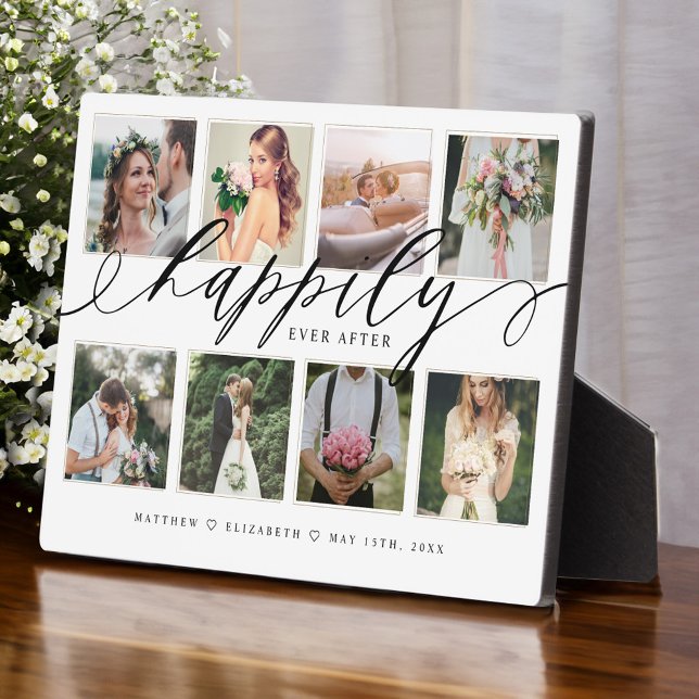Placa Expositora Collage de fotos de boda de recién casados Felices (Happily Ever After Newlyweds Wedding Photo Collage Plaque)