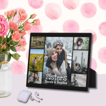 Collage de fotos de hermanas de texto blanco negro