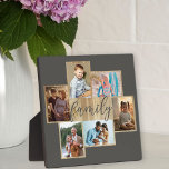 Placa Expositora Collage de fotos familiar Carpintería de madera Gr<br><div class="desc">Collage de fotos familiares con 6 de tus fotos favoritas, caligrafía y apariencia de madera clara. La plantilla de fotos está lista para que agregue sus fotos, que se muestran en formato horizontal y vertical. El color de fondo y la palabra "familia" son de color gris cálido y se puede...</div>