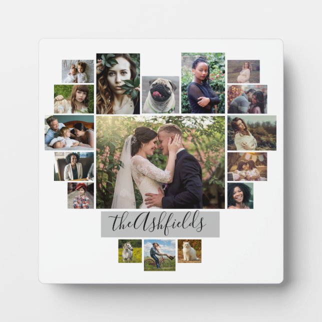 Placa Expositora Collage de fotos familiar Corazón 17 imágenes Nomb (Frente)