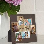 Placa Expositora Collage de fotos familiar de Woodgrain Border Brow<br><div class="desc">Collage de fotos familiares con 6 de tus fotos favoritas, caligrafía y apariencia de madera clara. La plantilla de fotos está lista para que agregue sus fotos, que se muestran en formato horizontal y vertical. El color de fondo y la palabra "familia" son de color marrón y usted puede editar...</div>