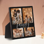Placa Expositora Collage de fotos Modern Family Keepsake<br><div class="desc">Una placa fotográfica familiar única y moderna para personalizar con 4 fotos favoritas. Feliz recuerdos familiar foto decoración del hogar pieza personalizada con elegante letra de guión "familiar".</div>