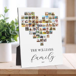Placa Expositora Collage de fotos moderno elegante y familiar en fo<br><div class="desc">Crea tu propia placa de collage de fotos de la familia de personalizados con 63 de tus fotos favoritas en un diseño de cuadrícula de fotos en forma de corazón. Personalice el nombre de la familia en la tipografía moderna para un regalo de fotografía personalizado o decoración en casa.</div>
