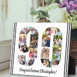 Placa Expositora Collage de fotos Personalizado Número 90 Cumpleaño<br><div class="desc">Plaque de cumpleaños 90 - personalizada con un collage de fotos de tus fotos favoritas y texto personalizado. La plantilla de fotos está preparada para que añadas tus fotos, que se mostrarán en la forma de un número 90. La redacción, que actualmente dice "¡Felicitaciones [nombre]!" también puede ser personalizada. Por...</div>