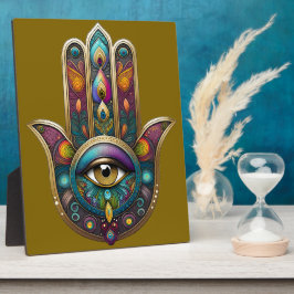 Placa Expositora Colores de pavo real Hamsa con tercer ojo de oro