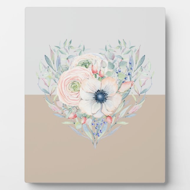 Placa Expositora Corazón de acuarela de hojas y flores (Frente)