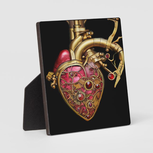 Placa Expositora Corazón de Steampunk Rubíes y Engranajes Anatómico (Anverso)