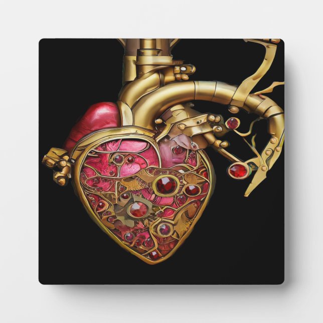Placa Expositora Corazón Steampunk Anatómico Rubíes y Engranajes (Frente)