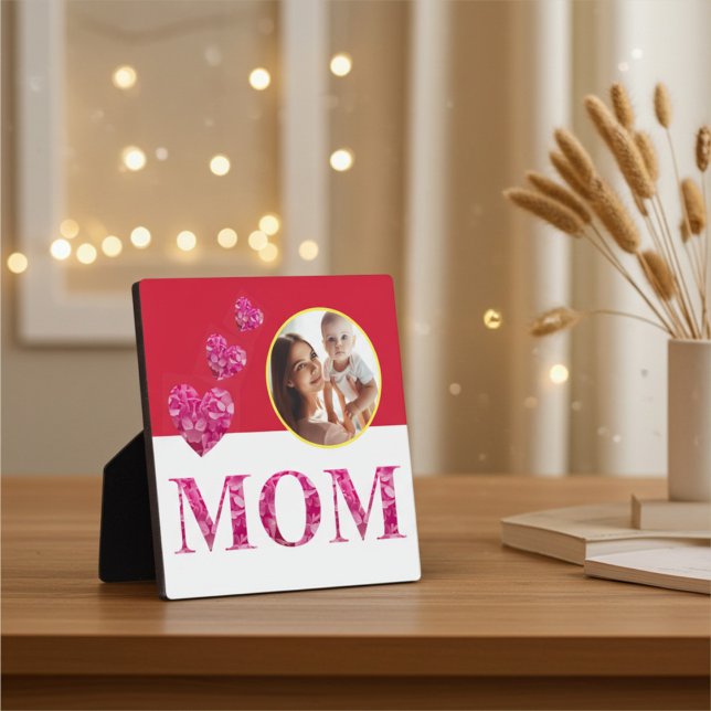 Placa Expositora Corazones florales rosas "MOM" foto blanca amarill (Subido por el creador)