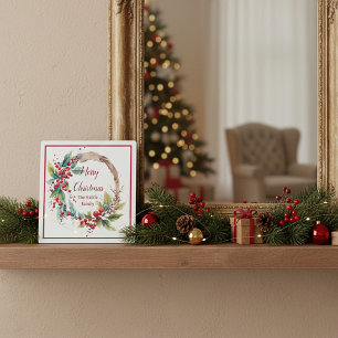 Placa Expositora Corona de Navidad personalizada de acebo acuarela