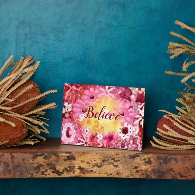 Placa Expositora Creer el amarillo rojo rosa floral suntuoso (Lado)