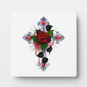 Placa Expositora Cruz de Plata con una Rosa Roja