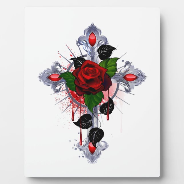Placa Expositora Cruz de Plata con una Rosa Roja (Frente)