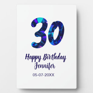 Placa Expositora cumpleaños 30 nombre fecha año azul destello 