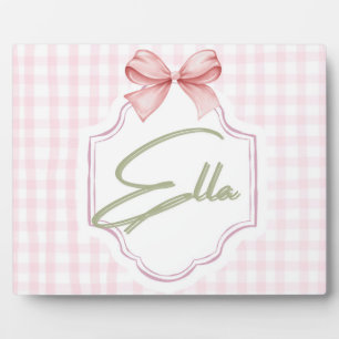 Placa Expositora Cuna personalizada para niña Ella con lazo y gingh