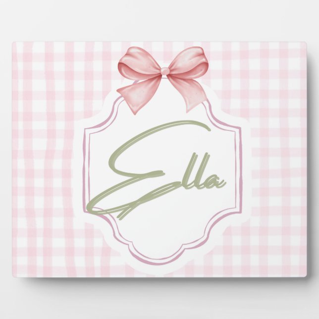 Placa Expositora Cuna personalizada para niña Ella con lazo y gingh (Frente)