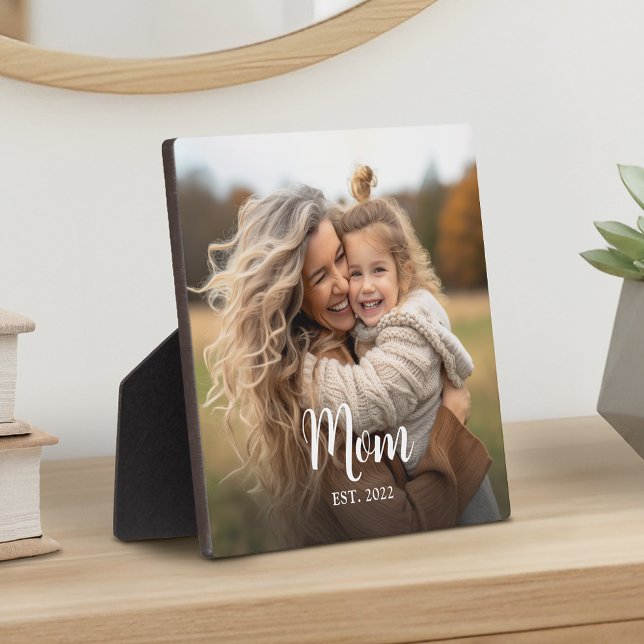 Placa Expositora Custom Mom Established Modern Script Photo (Mom established photo with pretty script text)