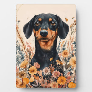 Placa Expositora Cute Dachshund con pintura de flores silvestres
