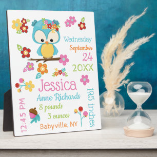 Placa Expositora Cute Woodland Owl Baby Girl Record Stats