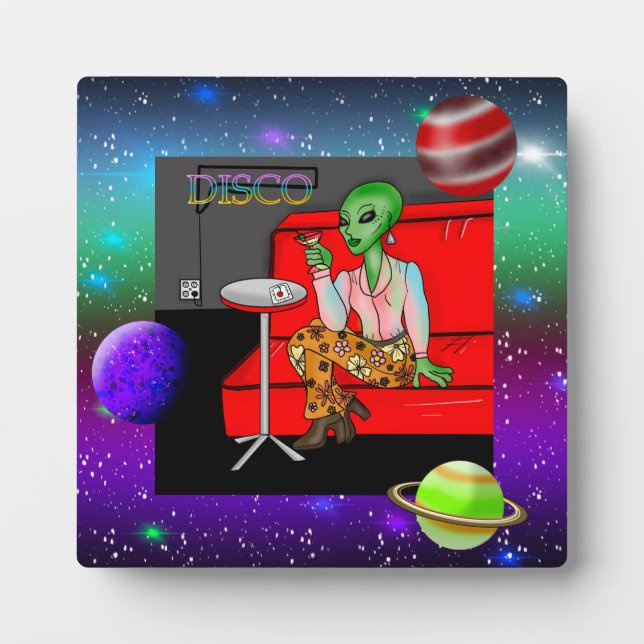 Placa Expositora Decenio de 1970 Retro Extraterrestre en Disco Loun (Frente)