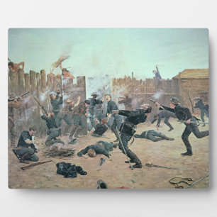 Placa Expositora Defendiendo el Fuerte: Indios atacan una caballerí