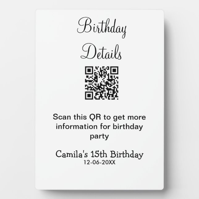 Placa Expositora Detalles de la fiesta de cumpleaños de QR scan mod (Frente)