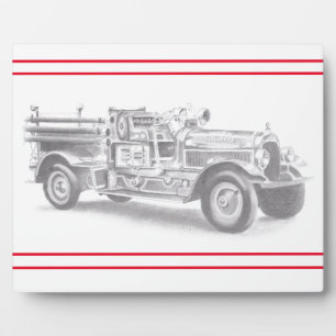 Placa Expositora dibujo a lápiz de camión de bomberos antiguo