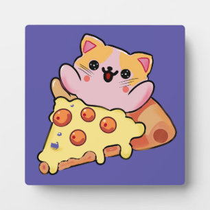 Placa Expositora Dibujo animado de gato Kawaii abrazando pizza de p
