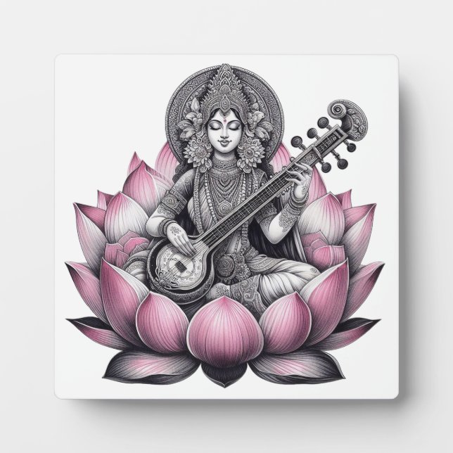 Placa Expositora Diosa Saraswati en Lotus (Frente)