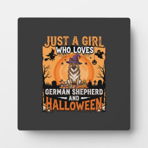 Placa Expositora Diseño de niña de Halloween con pastor alemán bruj