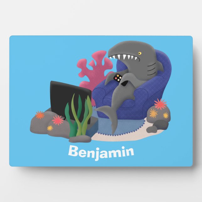 Placa Expositora Divertido tiburón viendo al personalizado de telev (Frente)