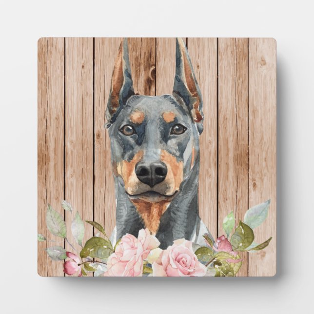 Placa Expositora Doberman y flores acuarela (Frente)