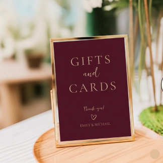 Placa Expositora Elegant Burgundy Wedding Cards and Gifts Sign
