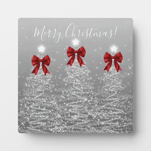 Placa Expositora Elegant Holiday Silver Christmas Trees Red Bows (Frente)