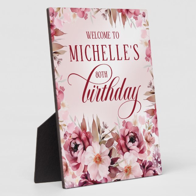Placa Expositora Elegant Pink Burgundy Floral 80th Birthday (Lado)