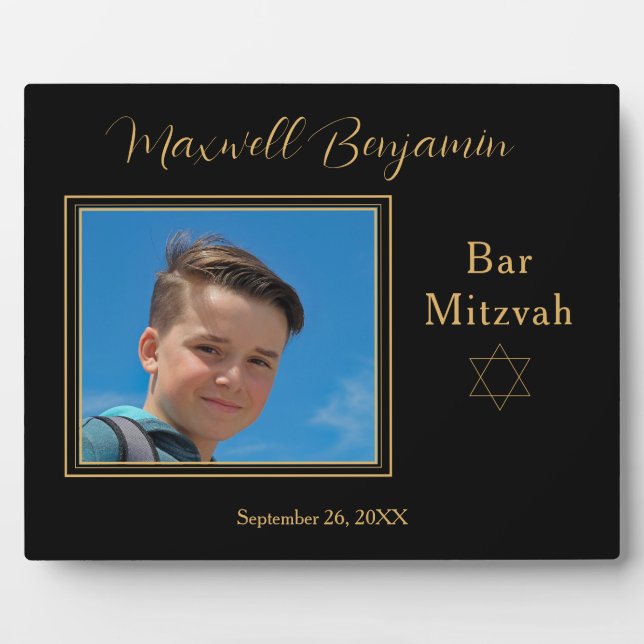 Placa Expositora Elegante Bar personalizado negro Mitzvah Photo (Frente)