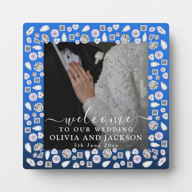 Placa Expositora Elegante Boda Purpurina de diamantes de corazón az (Frente)