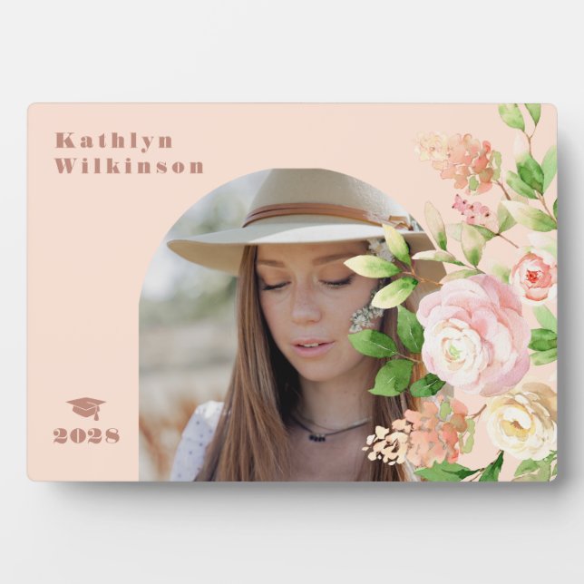 Placa Expositora Elegante Graduación De Foto Del Arco Floral Rosa (Frente)