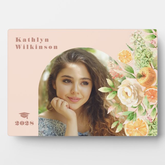 Placa Expositora Elegante Graduación De Foto Del Arco Floral Rosa (Frente)