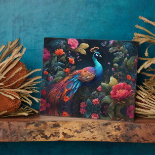 Placa Expositora Elegante pavo real azul en un jardín colorido