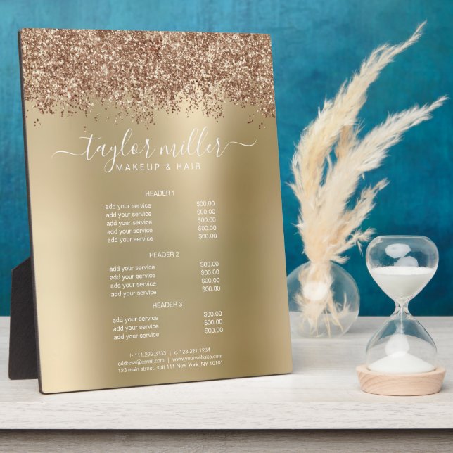 Placa Expositora Elegante rosa elegante maquillaje purpurina de oro (Lado)