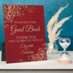 Placa Expositora Elegante Rótulo Rojo y Oro Nuestro Boda del libro