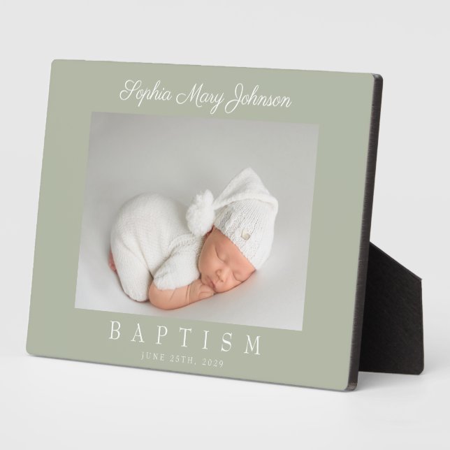 Placa Expositora Elegante Sage Green Script Baptism Photo (Lado)