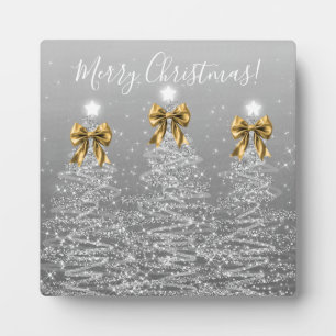 Placa Expositora Elegantes árboles de Navidad plateados con lazos d