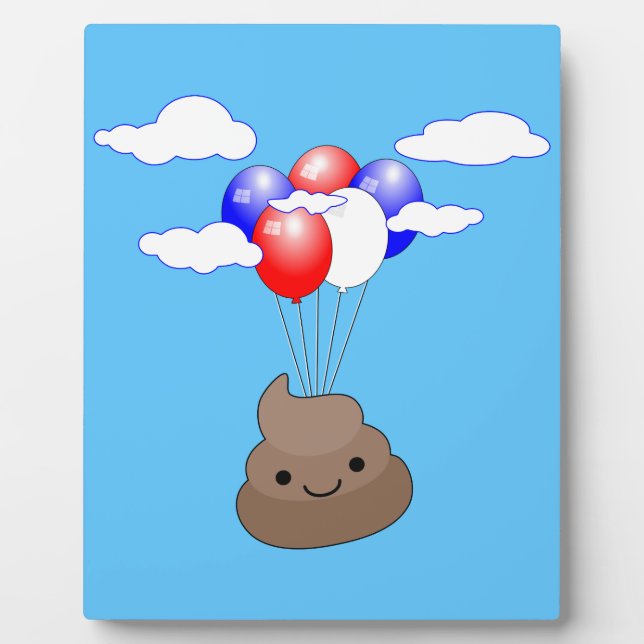 Placa Expositora Emoji Poo Volando Con Globos En Cielo Azul (Frente)