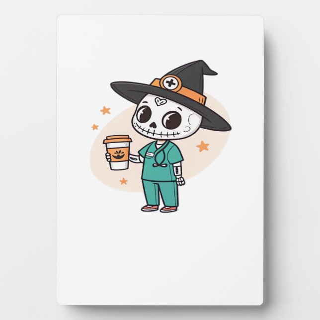 Placa Expositora Enfermera de Halloween con café que lleva sombrero (Frente)
